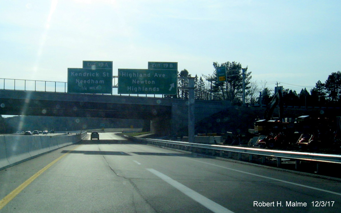 The previously placed 2-sign cantilever overheads now with the Kendrick St exit sign uncovered on I-95 South in Needham