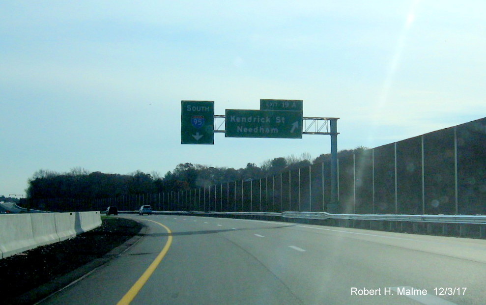 Image of new 2-sign cantilever overhead for Kendrick Street exit on C/D ramp from I-95 South in Needham