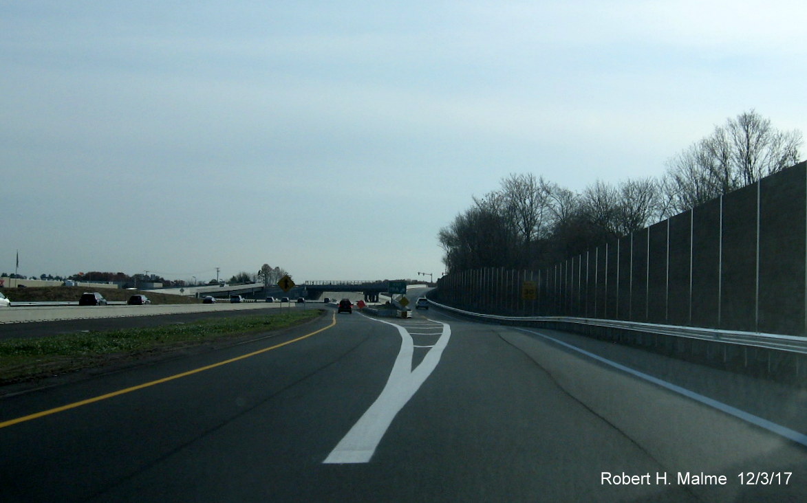 Image of newly opened Kendrick Street off-ramp from C/D lanes of I-95 South in Add-A-Lane Project work zone in Needham