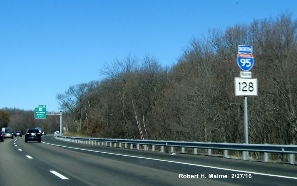 Image of I-95/128 North Reassurance marker following MA 109 exit in Dedham