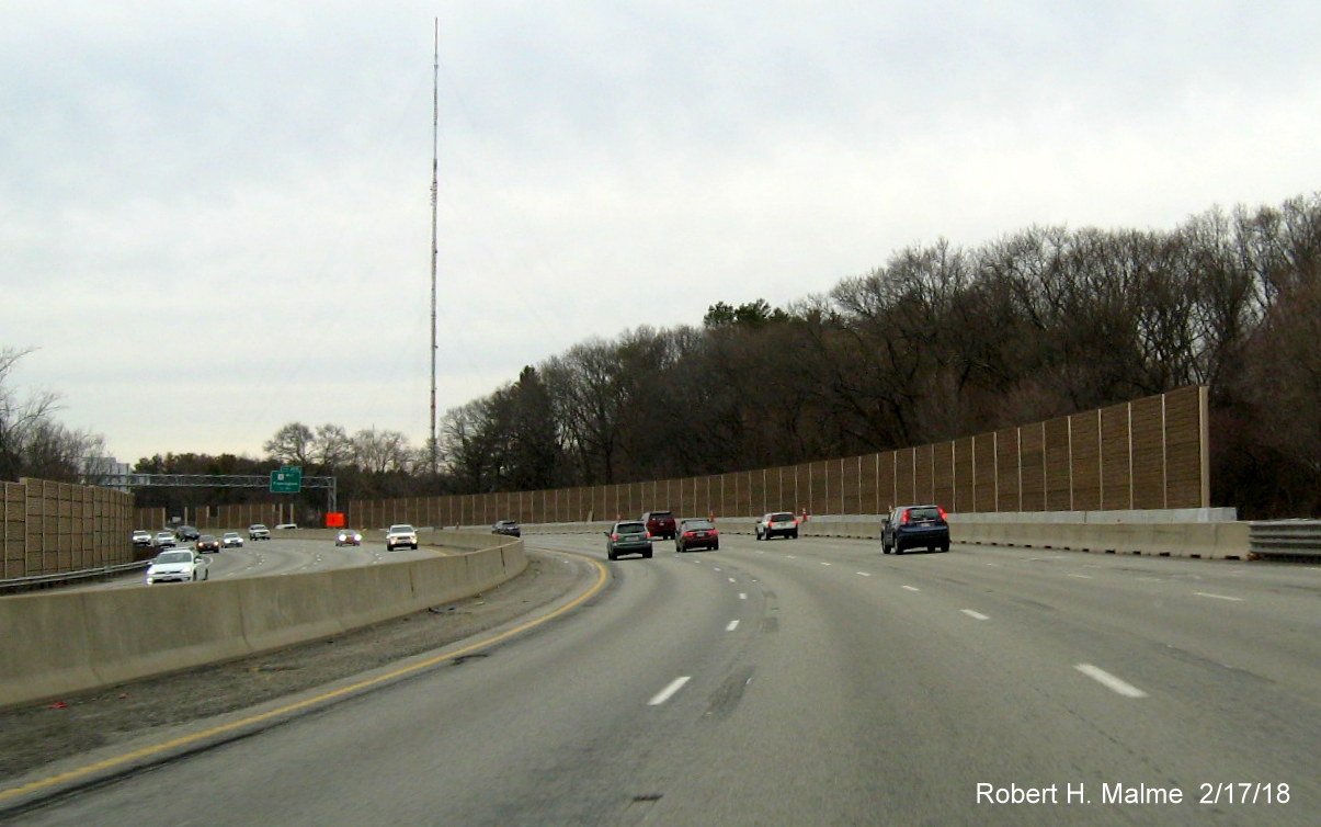 Image of completed section of noise wall along I-95 South prior to MA 9 exit in Wellesley