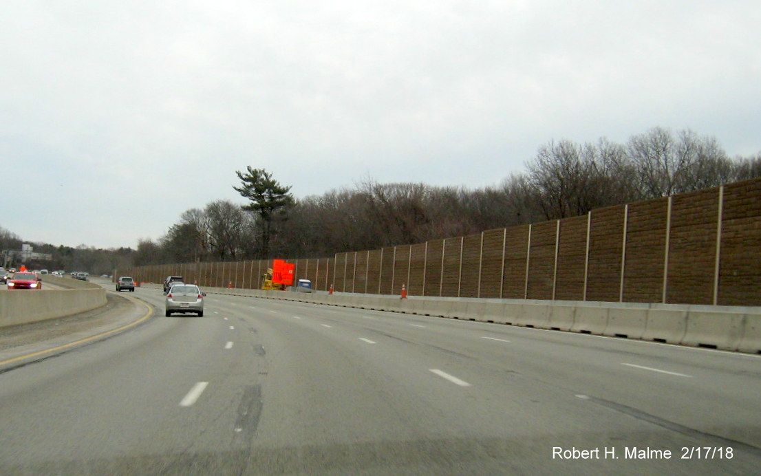 Image of completed noise wall being constructed along I-95 South prior to MA 9 exit in Wellesley