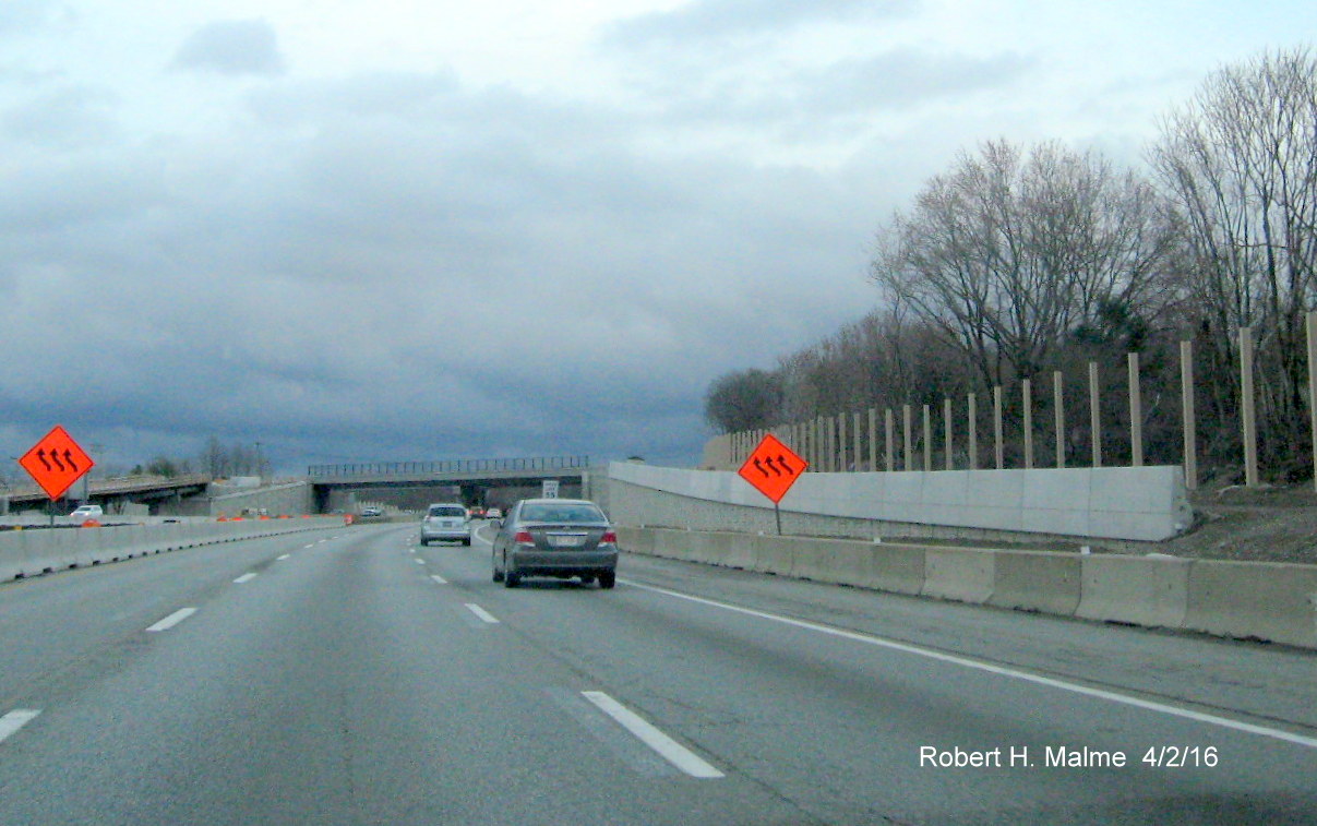 Image of noise barrier being constructed along ramp to Kendrick St. from I-95 South in Needham