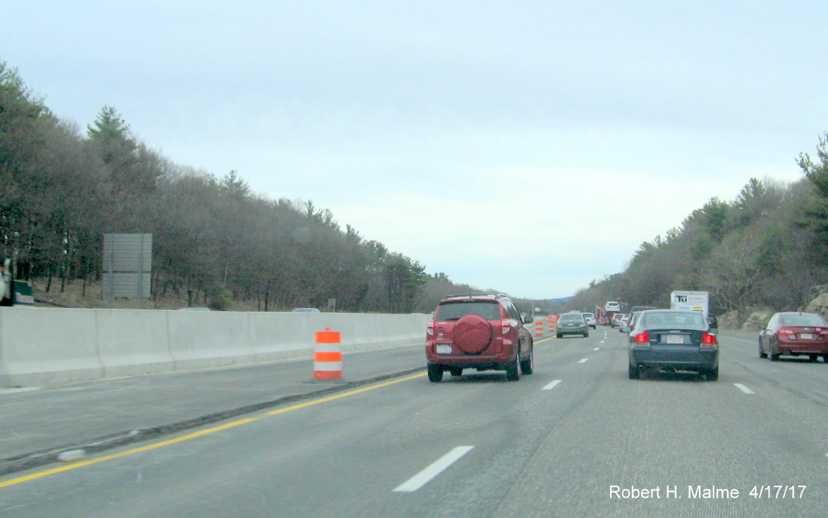 Image taken of I-95 South Add-A-Lane construction zone just south of Kendrick St bridge in Needham