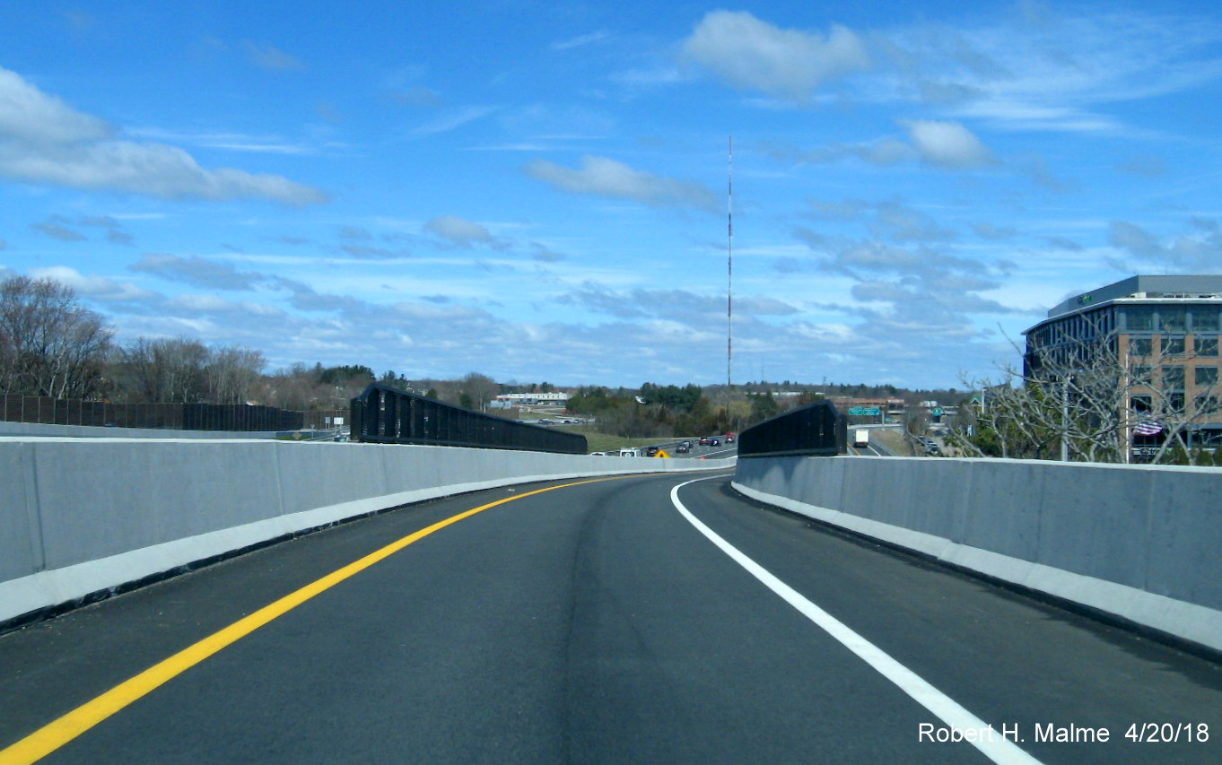 Image taken of view driving down recently opened ramp from Kendrick St to I-95/MA 128 North in Needham