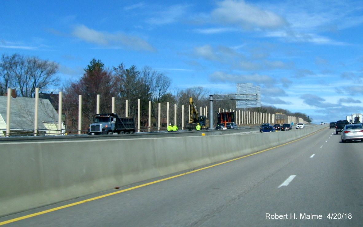 Image of noise wall support construction along I-95/MA 128 South in Add-A-Lane Project work zone in Needham