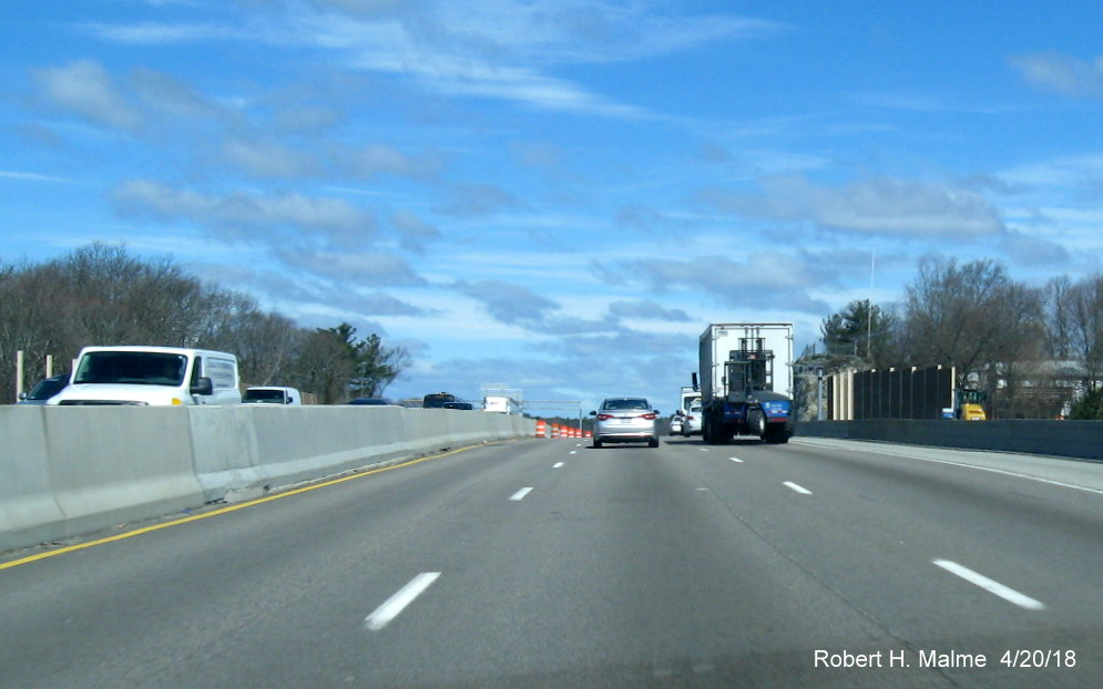 Image of construction along shoulder of I-95/MA 128 North in Add-A-Lane Project work zone in Needham