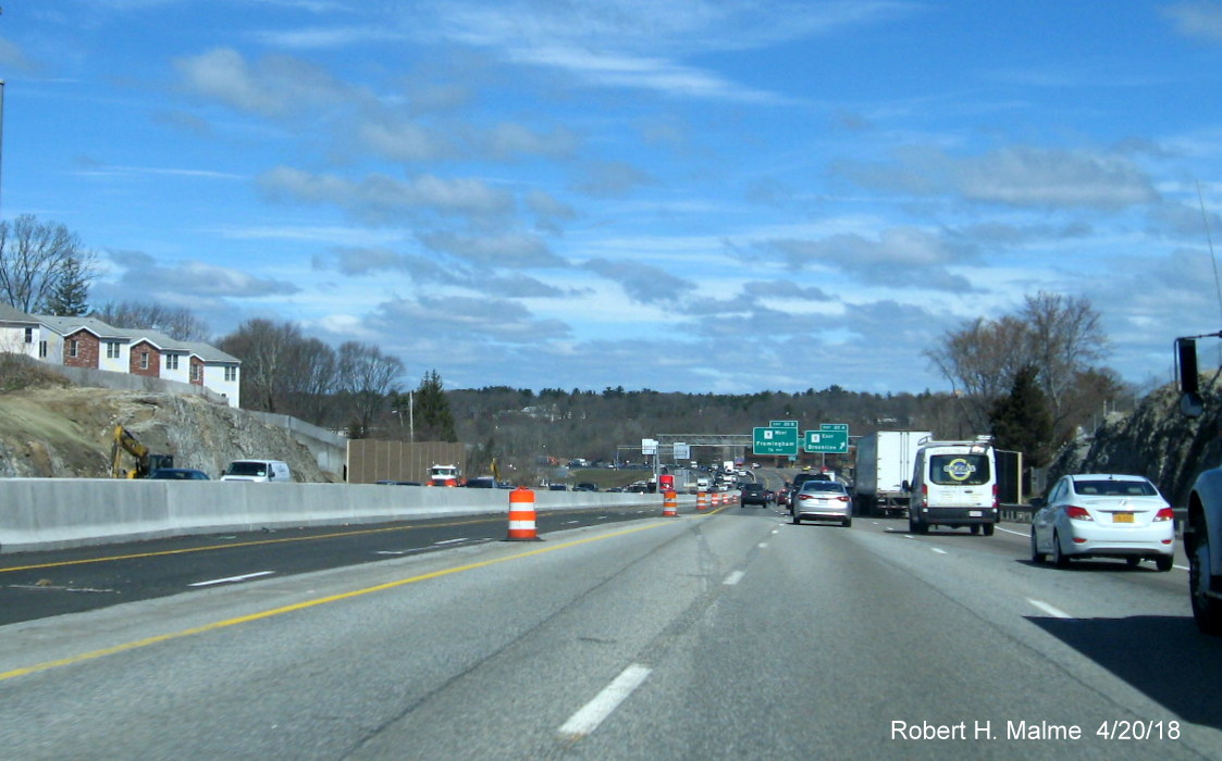 Image of traffic on I-95/MA 128 South approaching Route 9 interchange in Add-A-Lane Project work zone in Needham