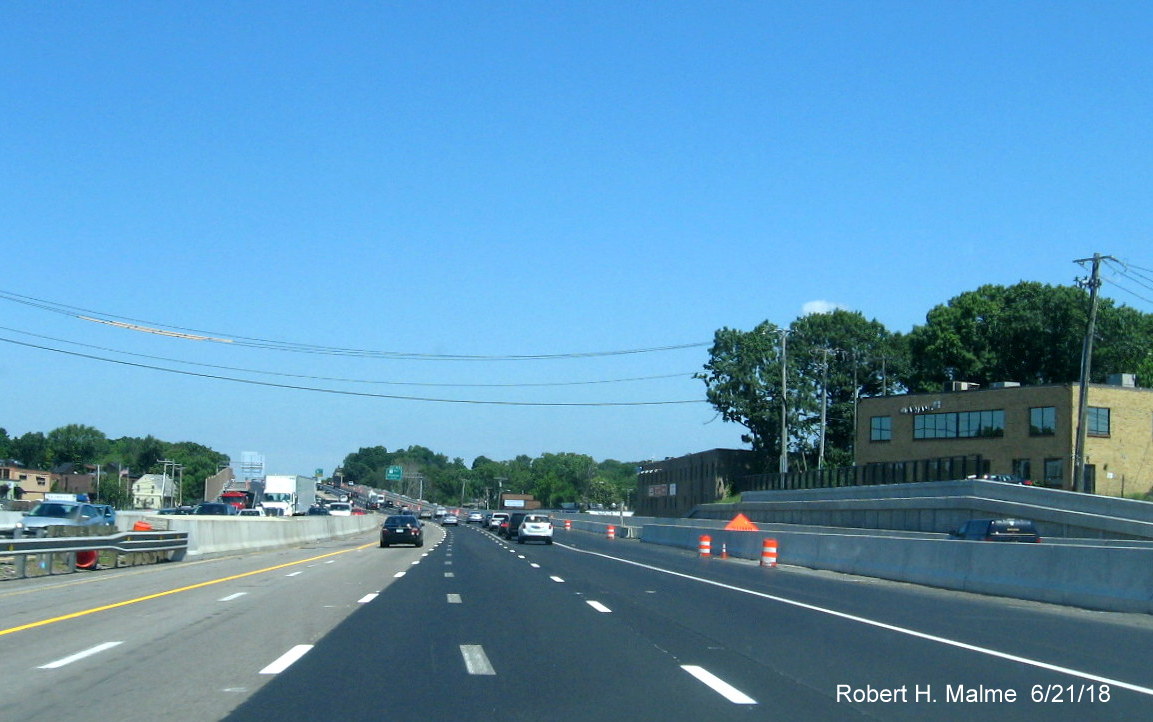 Image of new paving underway along I-95 North lanes after Highland Ave in Add-A-Lane Project work zone in Needham