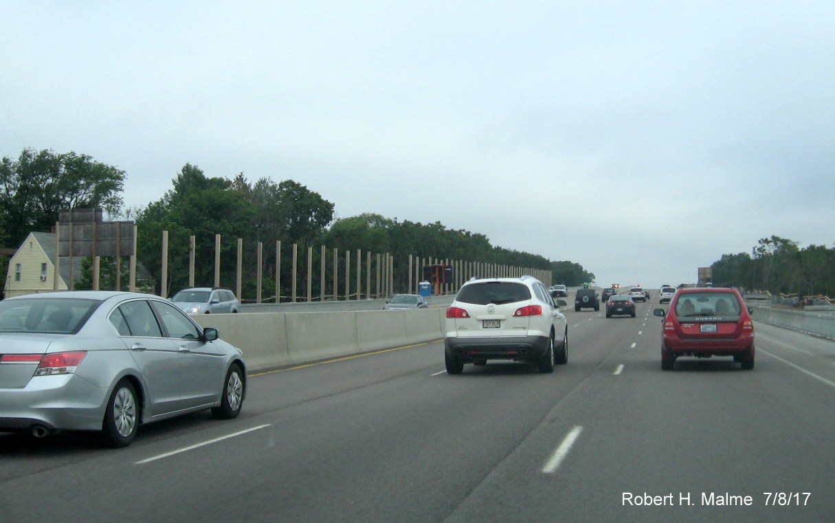 Image taken of new support posts for sound barrier walls along I-95 South prior to Highland Ave in Needham