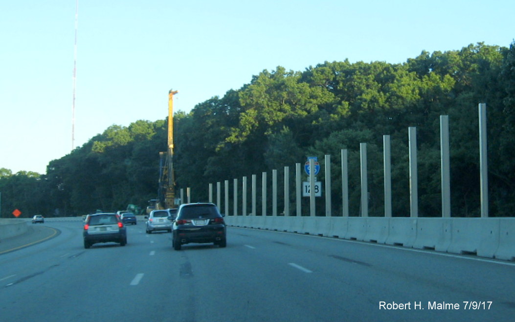 Image taken of support posts being installed for sound barrier wall along I-95 South in Wellesley