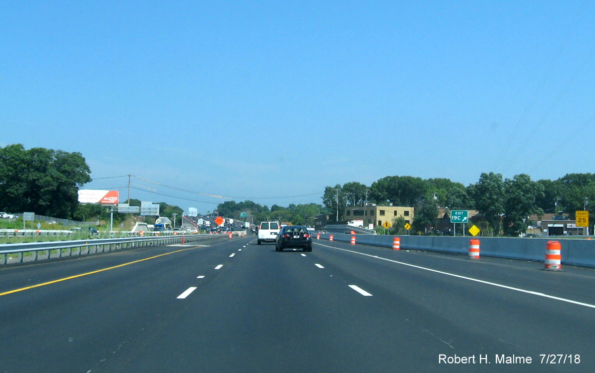 Image of construction progress along I-95 North beyond Highland Ave in Add-A-Lane Project work zone in Needham