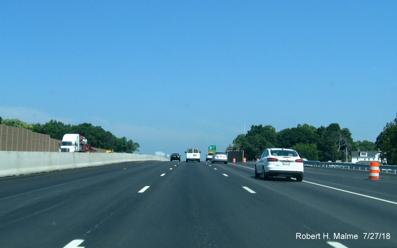 Image of nearly completed lanes prior to MA 9 exit on I-95 North in Add-A-Lane Project work zone in Needham