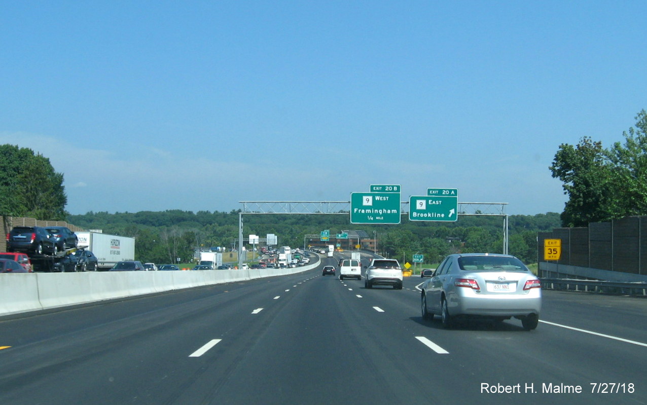 Image looking down toward nearly completed MA 9 interchange on I-95 North in Add-A-Lane Project work zone in Wellesley