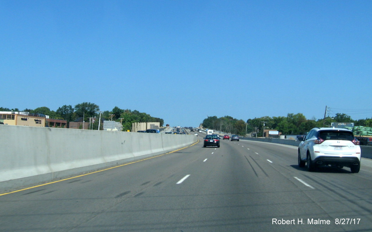 Image of permanent median barrier as seen from I-95 North in Add-A-Lane Project work zone in Needham