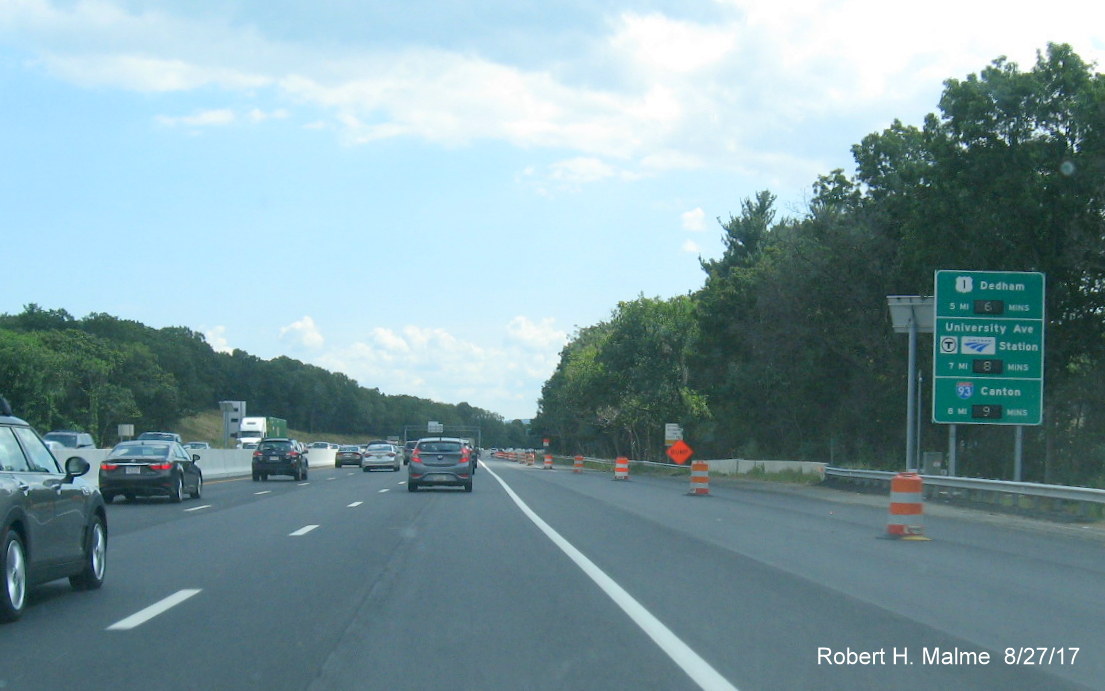 Image of paving work underway along right shoulder of I-95 South in Add-A-Lane Project work zone in Needham