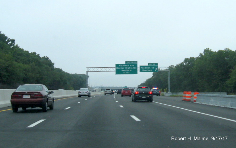 Image taken of new overhead exit sign for Highland Ave on I-95 North at Kendrick St exit in Needham