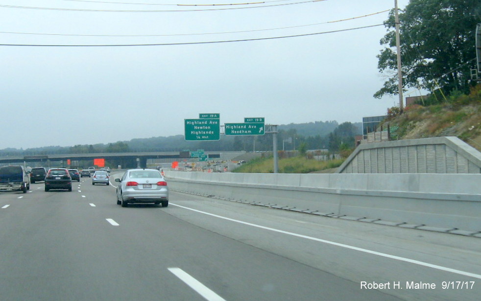 View of new exit signage for future C/D ramp from I-95 South to Highland Ave and Kendrick St in Needham