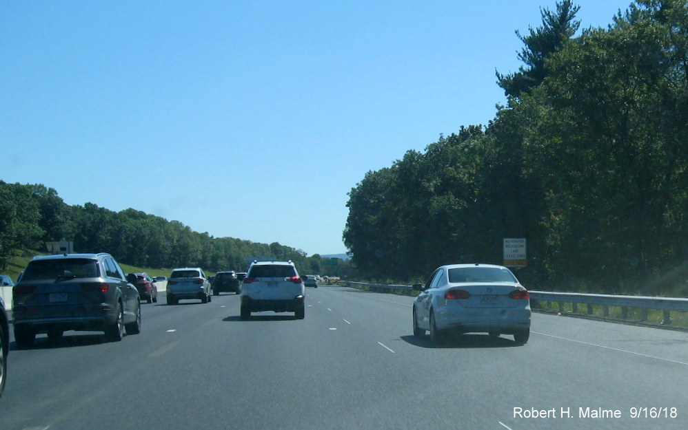 Image of open four lanes of traffic on I-95 South at southern end of Add-A-Lane Project work zone in Needham