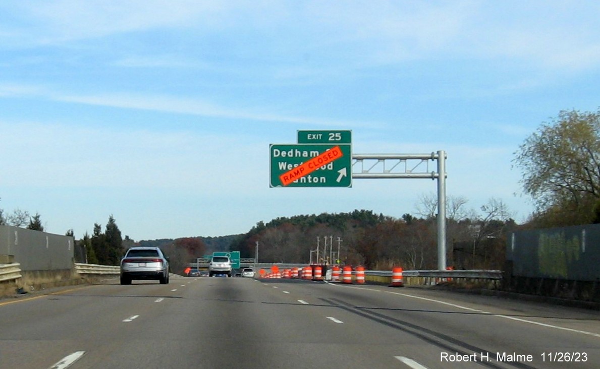 Image of recently placed overhead ramp sign for soon to open Dedham Street exit on I-95 North 
                                          in Canton, November 2023