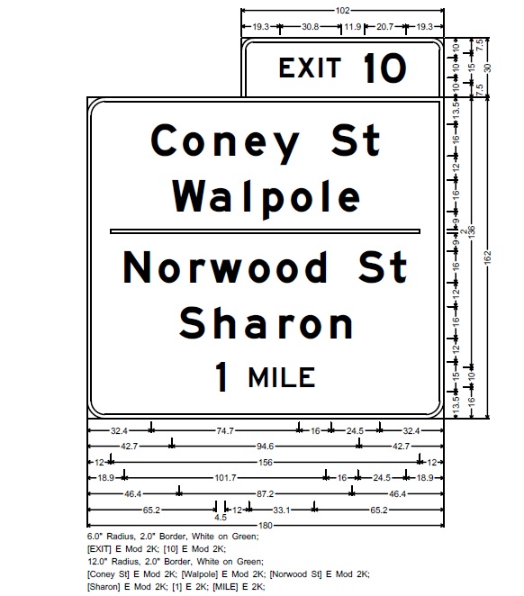 Image of MassDOT plan for 1-Mile Advance overhead sign for Coney St/Norwood St exit on I-95 South in Sharon