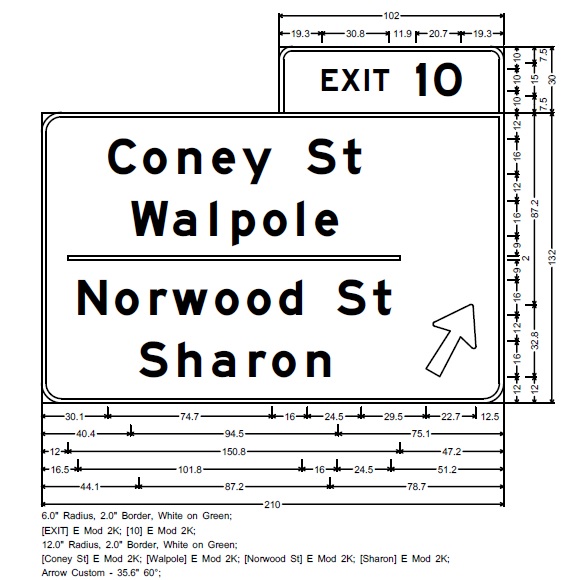 Image of MassDOT plan for overhead ramp sign for Coney St/Norwood St exit on I-95 South in Sharon