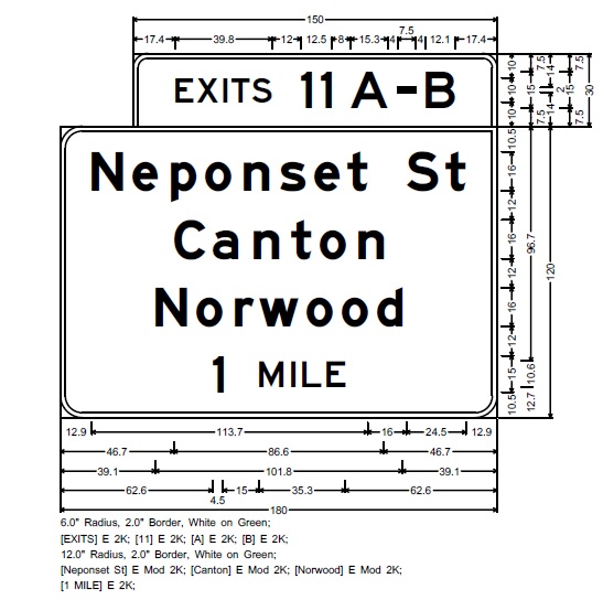 Image of MassDOT plan for 1-Mile Advance overhead sign for Neponset Street exit on I-95 North in Norwood