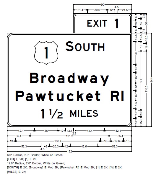 Image of MassDOT plan for US 1 exit 1 1/2 mile overhead advance sign on I-95 South in Attleboro