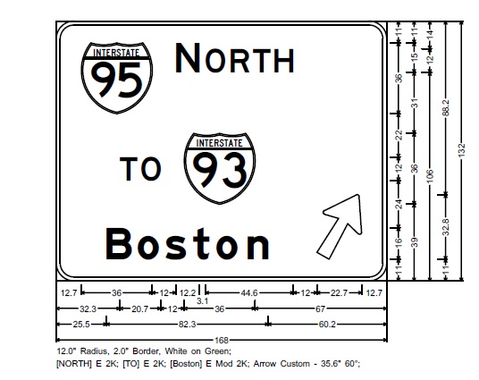 Image of MassDOT plan for I-95 North to I-93 overhead guide sign on Neponset Street in Norwood