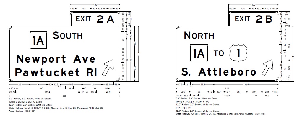 Image of MassDOT plans for ramp signage for MA 1A North and South exits on I-95 North in Attleboro