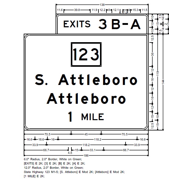 Image of MassDOT plan for 1 mile overhead advance sign for MA 123 exit on I-95 South in Attleboro