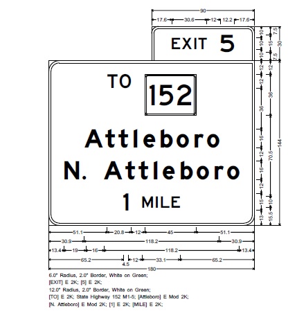 Image of MassDOT plan for 1-Mile Advance overhead sign for To MA 152 exit on I-95 in North Attleboro