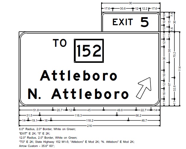 Image of MassDOT plan for overhead ramp sign for To MA 152 exit on I-95 in North Attleboro