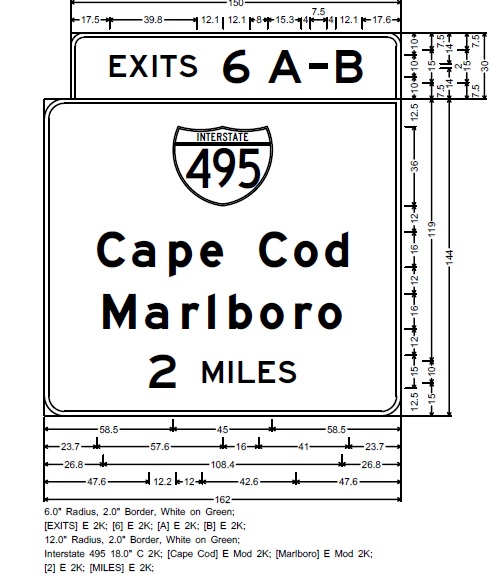 Image of MassDOT plan for 2 Miles Advance overhead sign for I-495 exit on I-95 North in Foxboro