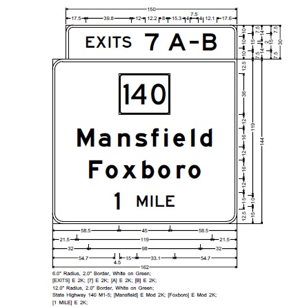 Image of MassDOT plan for 1-Mile Advance overhead sign for MA 140 exit on I-95 South in Mansfield