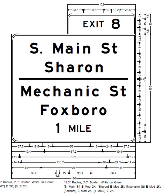 Image of MassDOT plan for 1-Mile Advance overhead sign for S. Main Street/Mechanic Street exit on I-95 in Foxboro