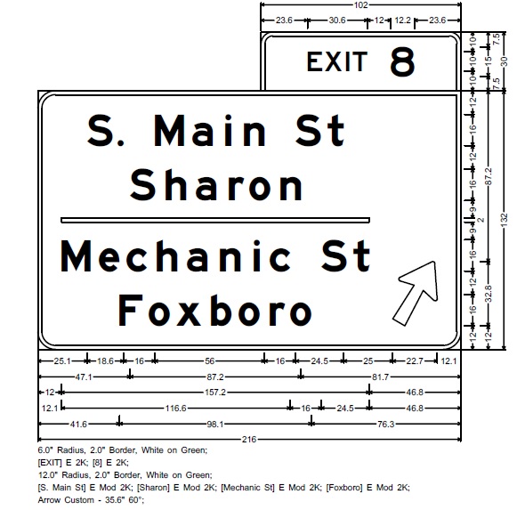 Image of MassDOT plan for overhead ramp signs for S. Main St/Mechanic Street exit on I-95 in Foxboro