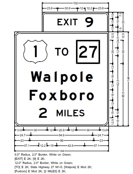 Image of MassDOT plan for new 2-mile advance overhead sign for US 1 to MA 27 exit on I-95 in Walpole