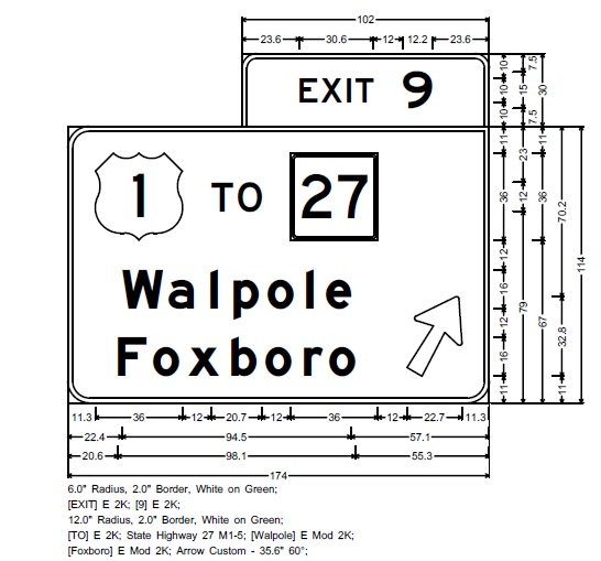 Image of MassDOT plan for overhead ramp signs for US 1 to MA 27 exit on I-95 in Walpole