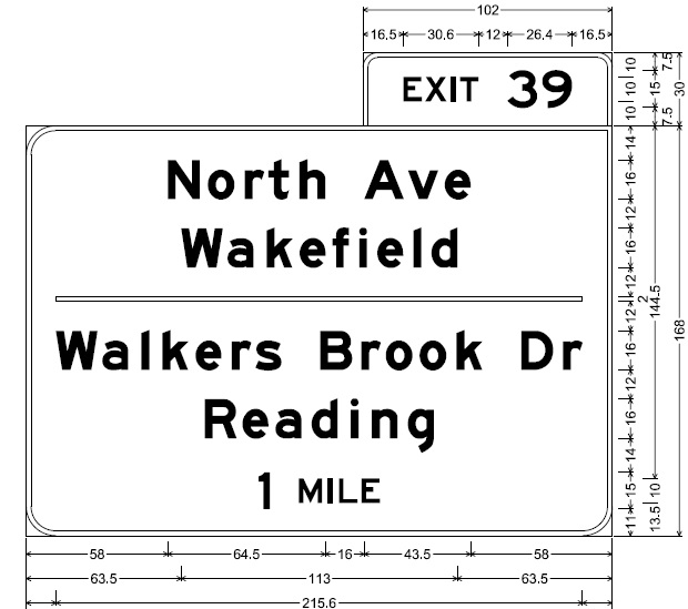 MassDOT sign plan for 1-mile advance overhead sign for North Ave./Walkers Brook Dr. on I-95 in Wakefield