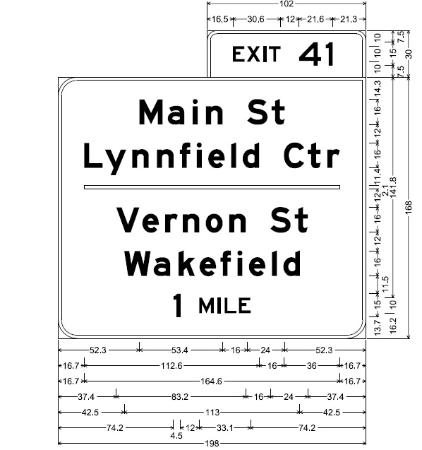 MassDOT plan for 1-mile advance overhead sign for Main Street/Vernon Street exit on I-95 in Wakefield