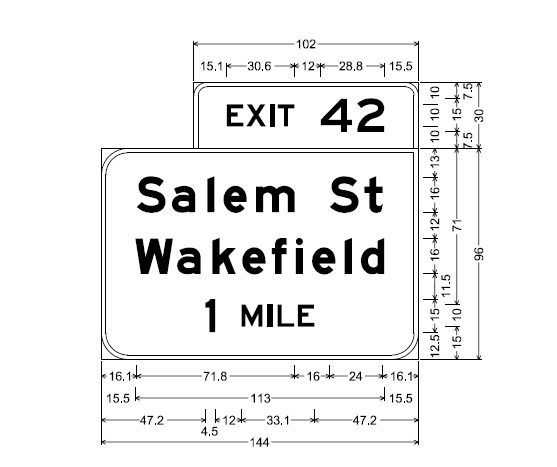 MassDOT plan for 1-mile advance overhead sign for Salem Street exit on I-95 in Wakefield