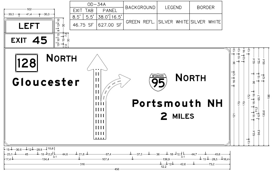 MassDOT plan for 2-miles advance overhead diagrammatic sign for MA 128 exit on I-95 North in Peabody