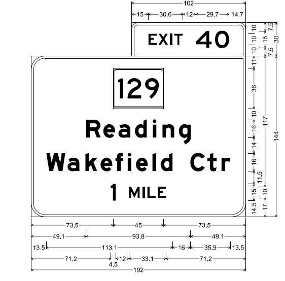 MassDOT sign plan for 1-mile advance overhead sign for MA 129 exit on I-95 in Wakefield