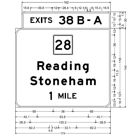 MassDOT sign plan for 1-Mile advance overhead sign for MA 28 exit on I-95 in Reading
