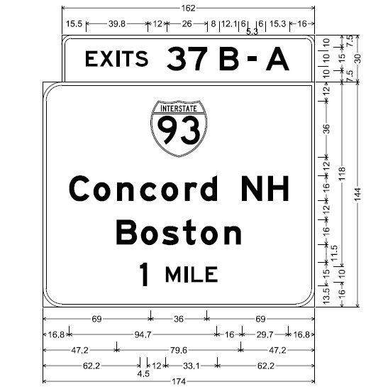 MassDOT sign plan for 1-mile advance overhead sign for I-93 exit on I-95 South in Reading