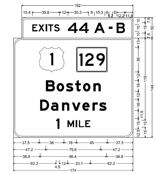 MassDOT plan for 1-mile advance overhead sign for US 1/MA 129 exit on I-95 in Peabody