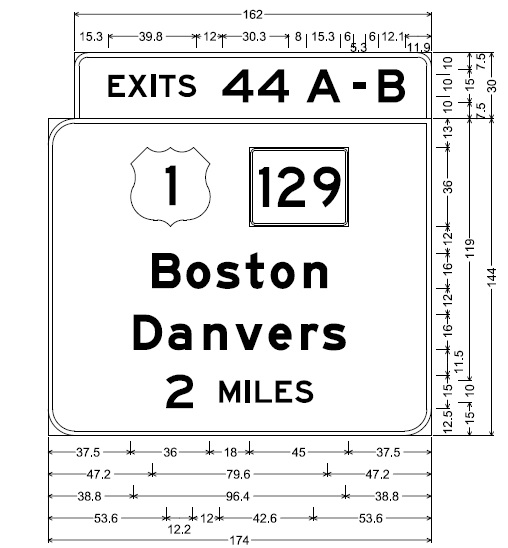 MassDOT sign plan for 2-miles advance sign for US 1/MA 129 exit on I-95 North in Lynnfield
