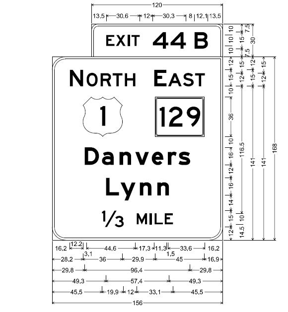 MassDOT plan for 1/3 mile advance overhead sign for North US 1/East MA 129 exit on I-95 North in Peabody