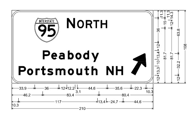 MassDOT plan of overhead ramp signage for I-95 North between Reading and Peabody